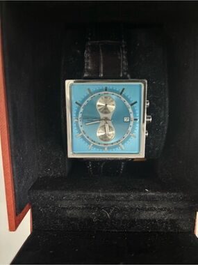 Square Chronograph Watch with Turquoise Dial and Black Strap
